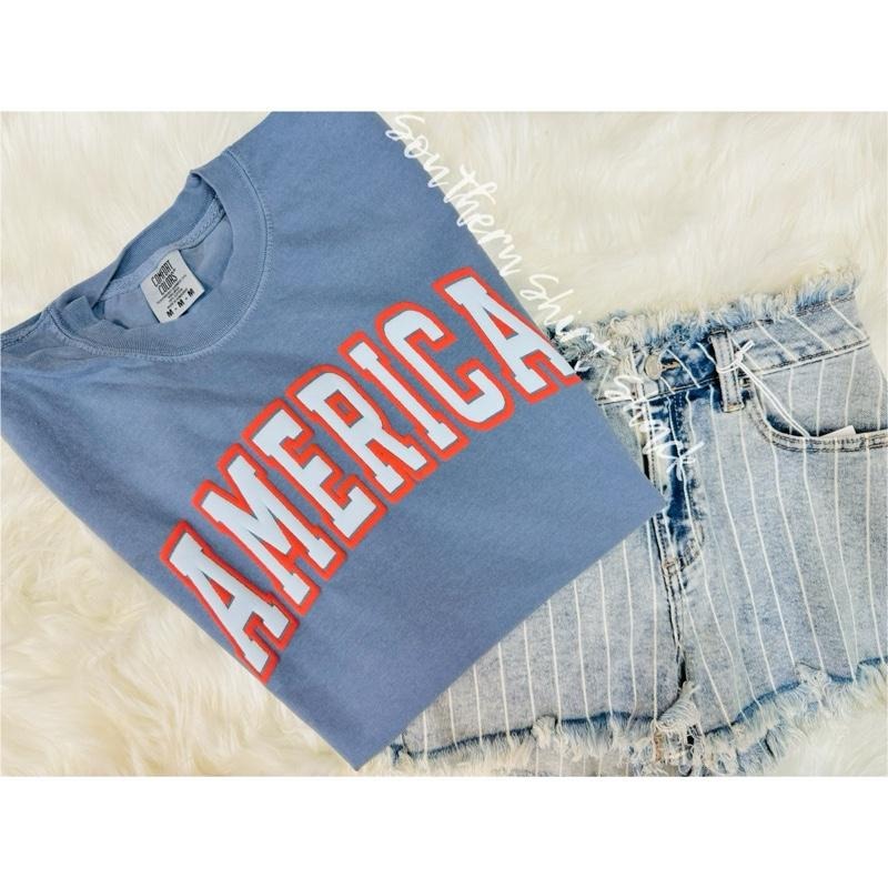 America Puff Print Graphic Tee | Patriotic T shirt | Puff Print | Comfort Colors Graphic Tee | Tops | Unisex Style...