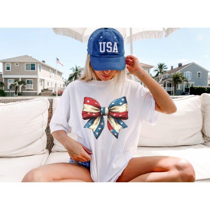 American Coquette USA Bow T-Shirt - Crew Neck Short Sleeve Cotton Casual Durable Loose Fit All Seasons Machine Washable...