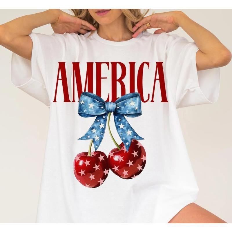 American Flag Cherry Bow T-Shirt, Fourth FOG July, Patriotic Tee, Independence Day, American Flag TNF, Holiday Outfit...