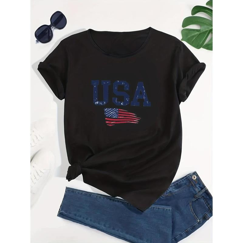 American Flag Graphic Casual Sports T-shirts, USA Letter Fashion Round Neck Short Sleeve Tops For Women, Women'WB shield...