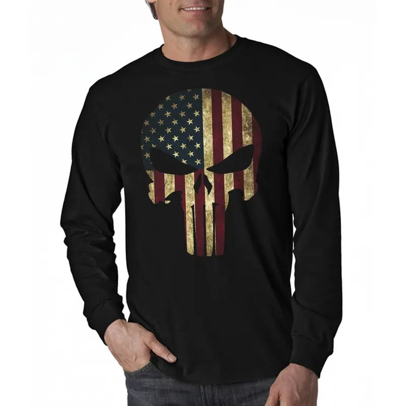 American Flag Patriotic Skull Tactical Long Sleeve Men's T-Shirt Hoodie, Sweatshirt | RetroVerseTees.com