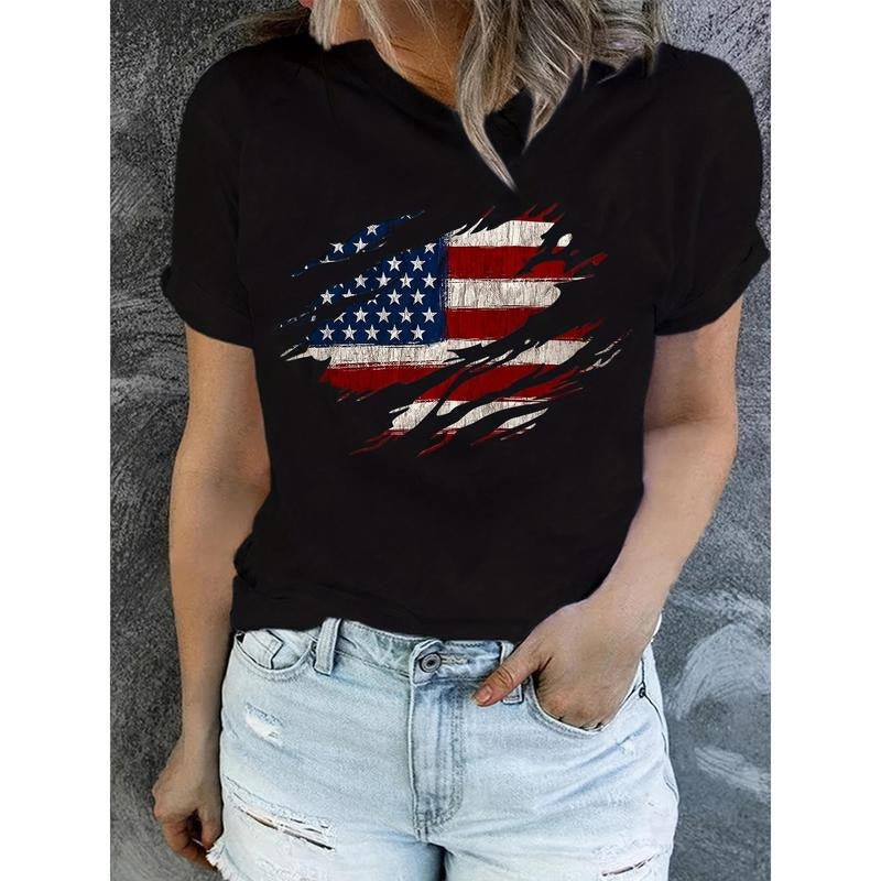 American Flag Print T-Shirt, Independence Day Short Sleeve Crew Neck Casual Top For Summer & Spring, Women'WB shield...