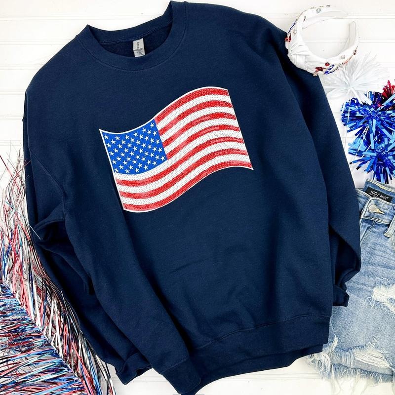 American Flag Sequin Patch Sweatshirt -- NAVY T-Shirts, Hoodie | RetroVerseTees.com