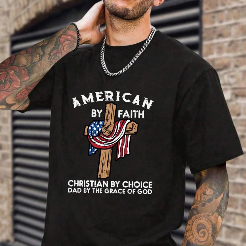 American by Faith Christian by Choice Dad by Grace FOG FOG TNF Day Shirt Pure Cotton Fabric Casual Streetstyle Crew Neck...