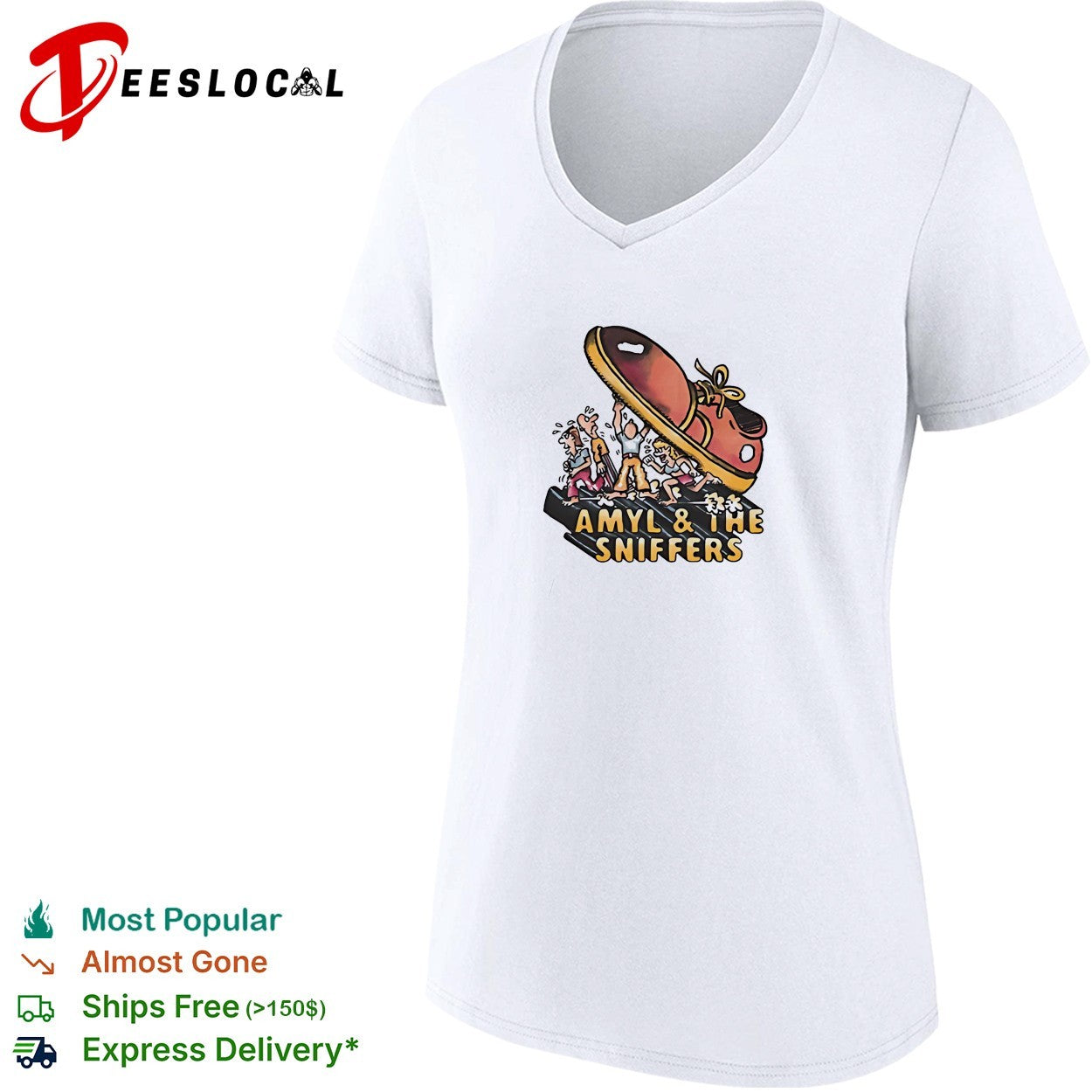 Amyl and the Sniffers giant shoe stomping people cartoon shirt