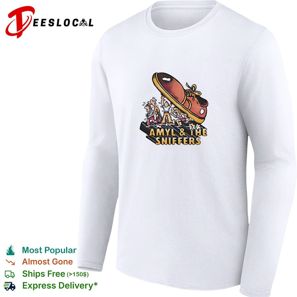 Amyl and the Sniffers giant shoe stomping people cartoon shirt