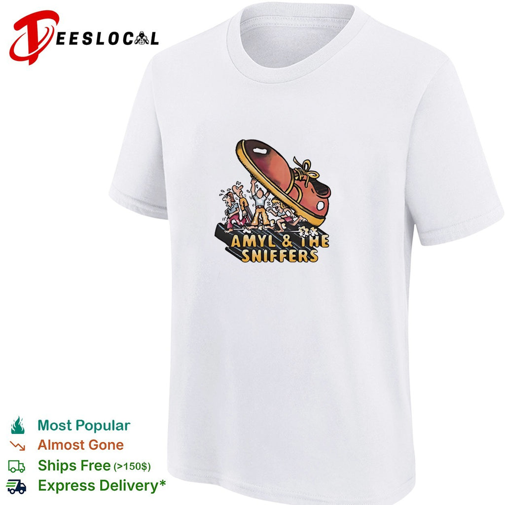 Amyl and the Sniffers giant shoe stomping people cartoon shirt