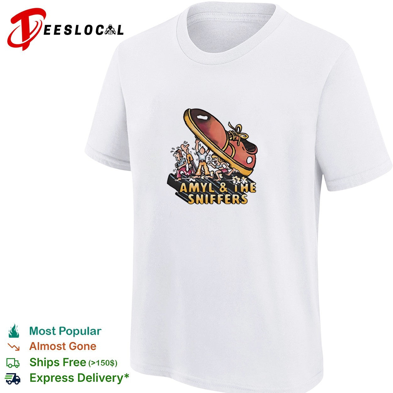 Amyl and the Sniffers giant shoe stomping people cartoon shirt