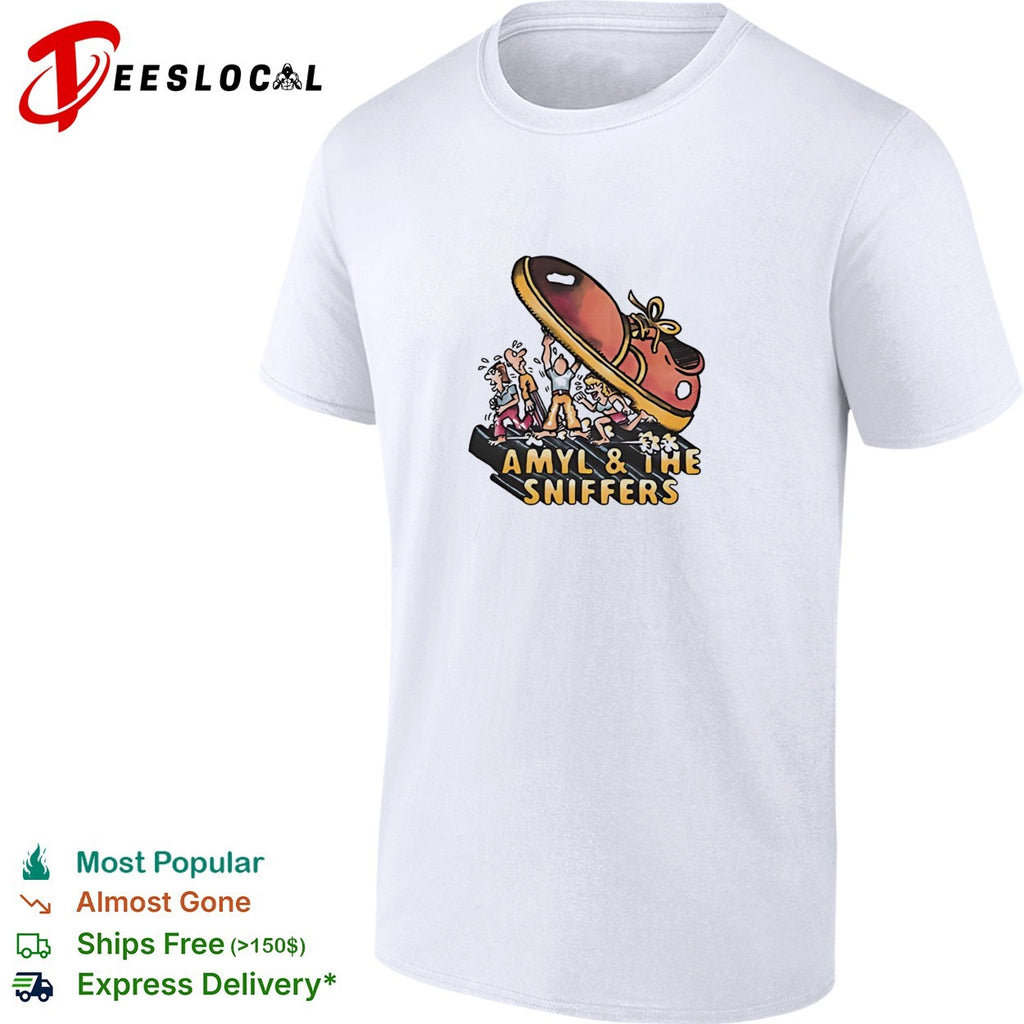 Amyl and the Sniffers giant shoe stomping people cartoon shirt