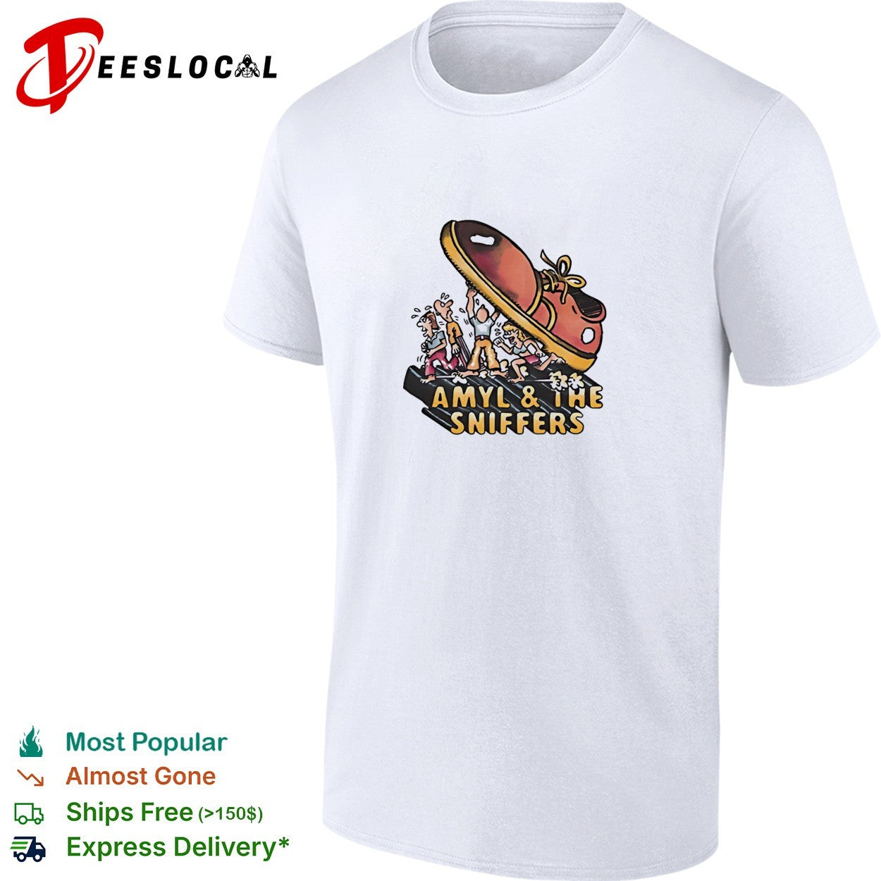 Amyl and the Sniffers giant shoe stomping people cartoon shirt