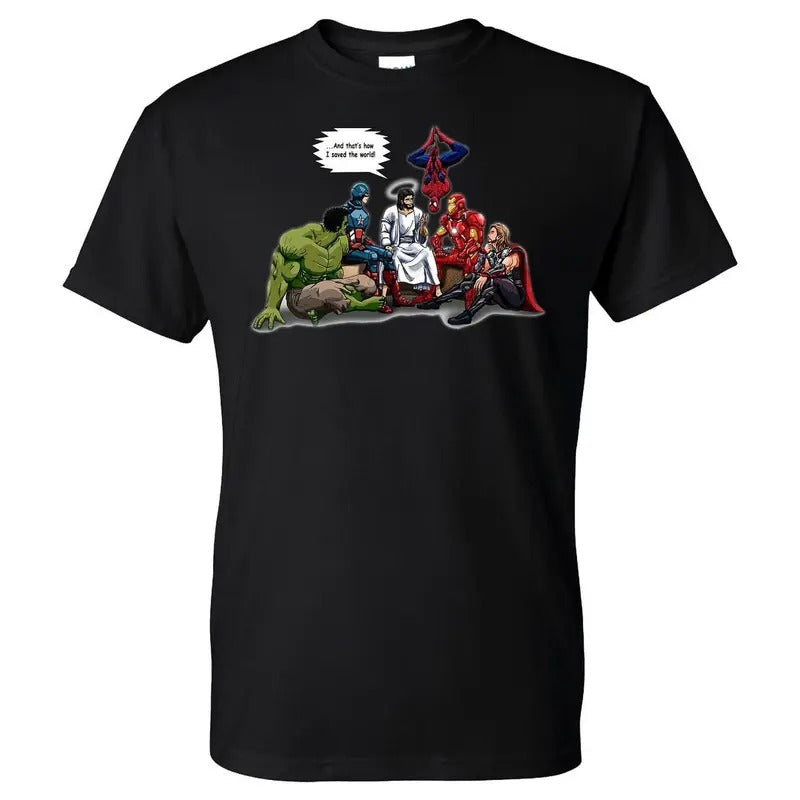And That's How I Saved The World Jesus Superheroes Men's T-Shirt A Hoodie, Sweatshirt | RetroVerseTees.com