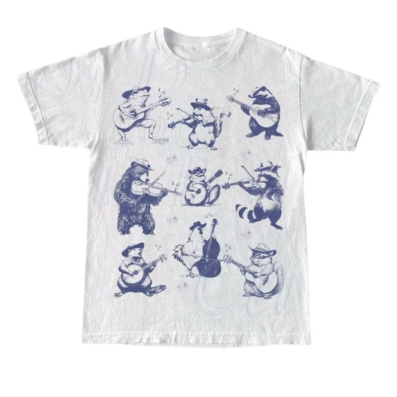 Animal Musicians 90s Tattoo Vintagse Style Tshirt, Retro Animal Music Lovers Cute Nature Shirt, Bear Playing Guitar,...