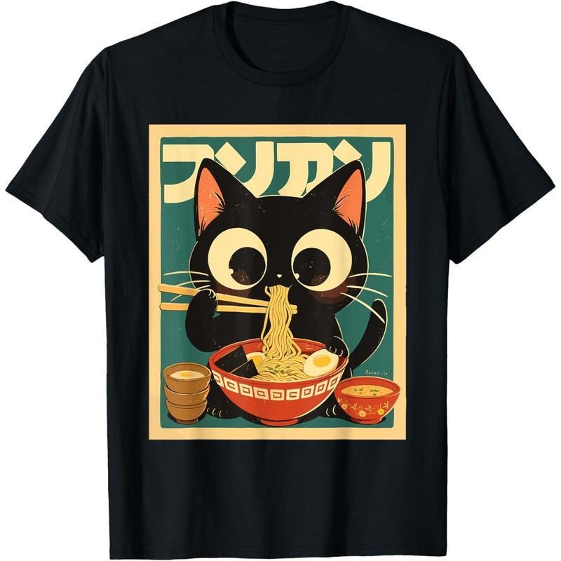Anime Cat Ramen Japanese Funny Japanese Kawaii Cat Graphic T-Shirt short sleeve shirt Casual Short-Sleeve Men'WB shield...
