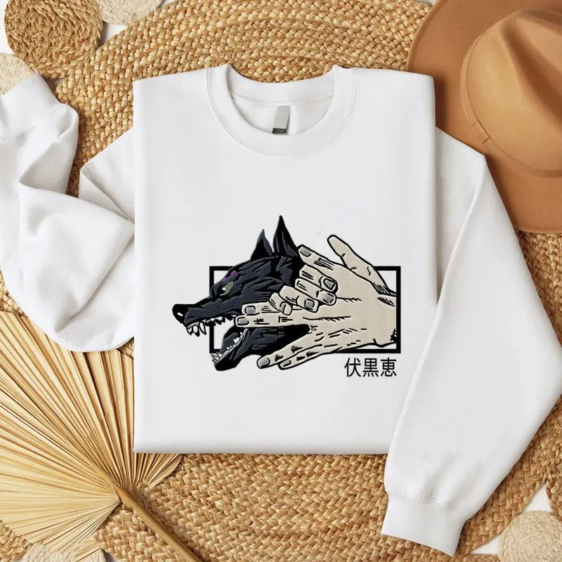 Anime JJK Embroidered Sweatshirt, Embroidered Anime Megumi Shirt, Divine Dogs Embroidered Shirt Hoodie | RetroVerseTees.com