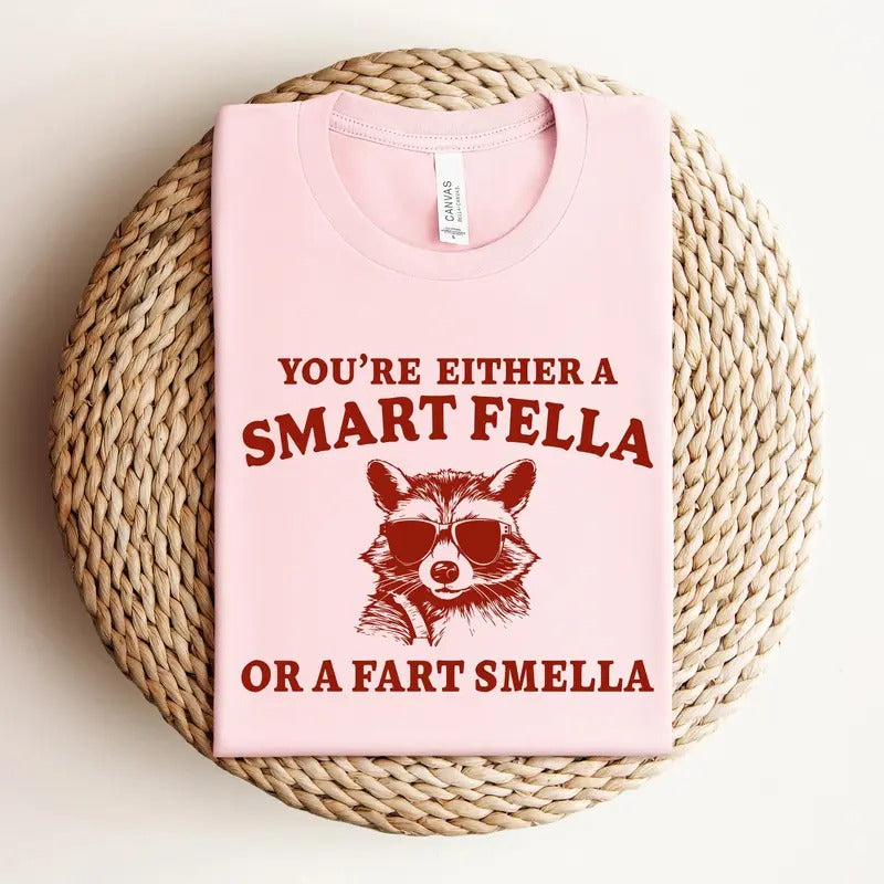 Are You A Smart Fella Or Fart Smella? Retro Cartoon T Shirt, Weird T Shirt, Meme T Shirt, Trash Panda T Shirt, Unisex...