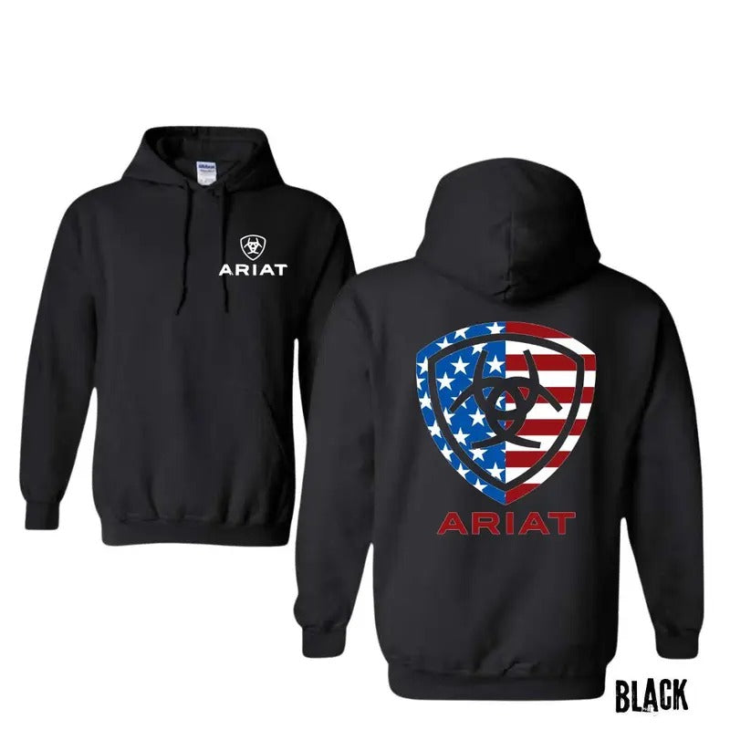 Ariat Hoodie, American Flag Emblem Design, Perfect for Patriotic Style and Outdoor Activities. Hoodie Menswear Long...