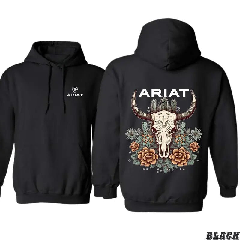 Ariat Hoodie, Featuring A Bull Skull Design With Unique Cactus Floral Patterns, Perfect For Outdoor Adventures, Casua...