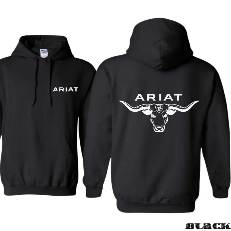 Ariat Hoodie, Western-style longhorn bull head design, suitable for outdoor activities and casual wear, providing a bold...