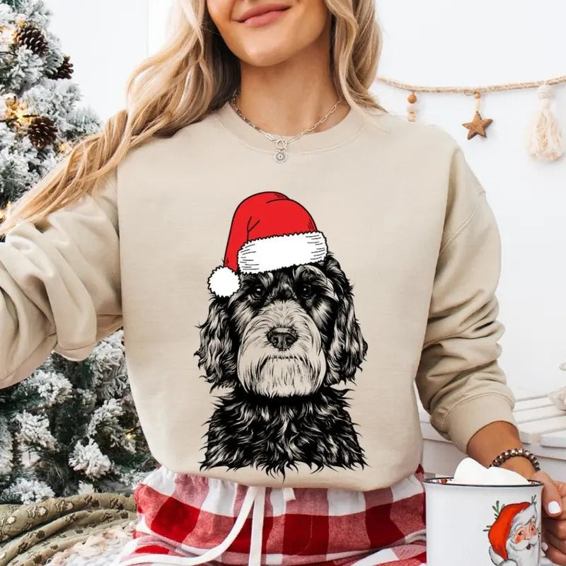Aussiedoodle Christmas Sweatshirt, Santa Aussiedoodle Christmas Shirt, Dog Mom Christmas Sweater, Black Tan Doodle Dog...