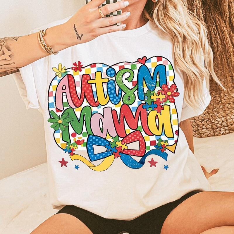 Autism Mama Shirt, Autism Awareness Coquette Shirt, In April We Wear Blue Shirt, Checkered Autism Bow Shirt, Special...