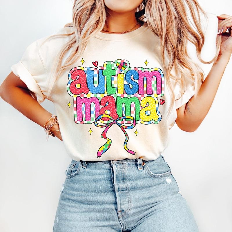 Autism Mama T-Shirt, Autism Awareness Coquette T-Shirt, Autism Checkered T-Shirt, Retro Autism Bow T-Shirt, In April We...