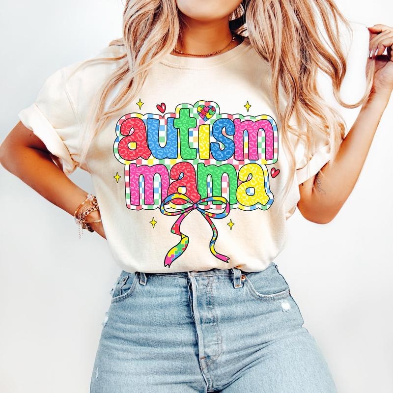 Autism Mama T-Shirt, Autism Awareness Coquette T-Shirt, Retro Autism Bow T-Shirt, In April We Wear Blue T-Shirt,...