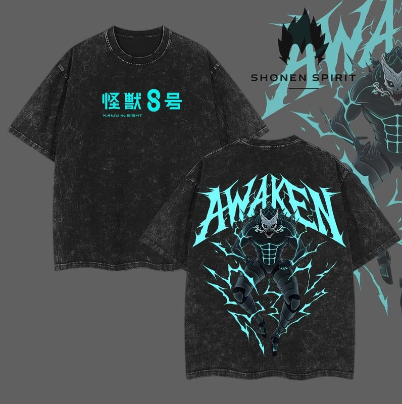 "Awaken" Kaiju TNF. WB shield Anime Double Printed Vintage Washed Tee Unisex Oversize Anime Manga Washed Lightweight Cotton T-Shirt, Gift For Anime Fan, Anime Lover