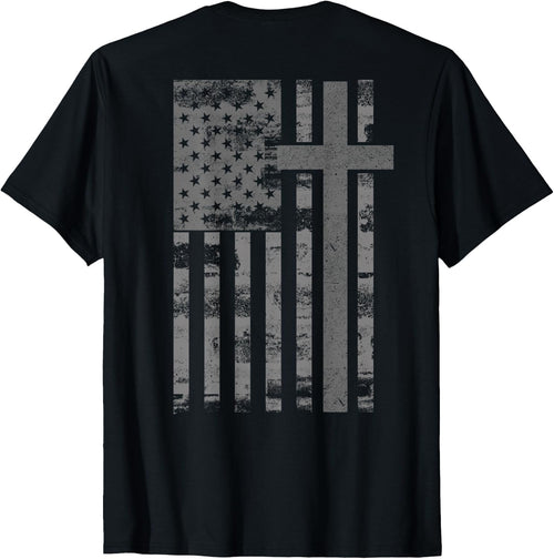 (Art on Back) American Flag Christian Faith Cross Patriotic T-Shirt