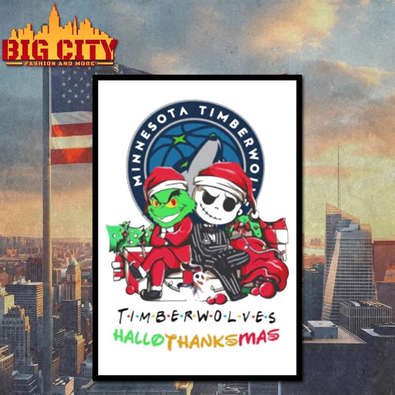 Baby Grinch And Jack Skellington Minnesota Timberwolves Logo Hallothanksmas 2024 Shirt