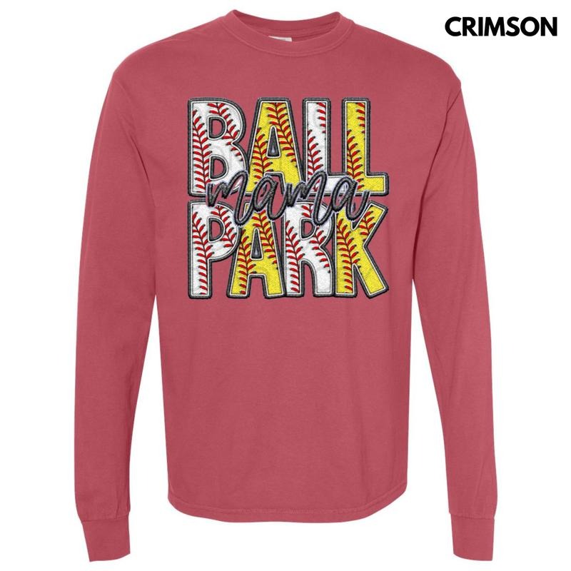 Ball Park Mama Faux Embroidery Long Sleeve Comfort Colors T-Shirt Hoodie, Sweatshirt | RetroVerseTees.com