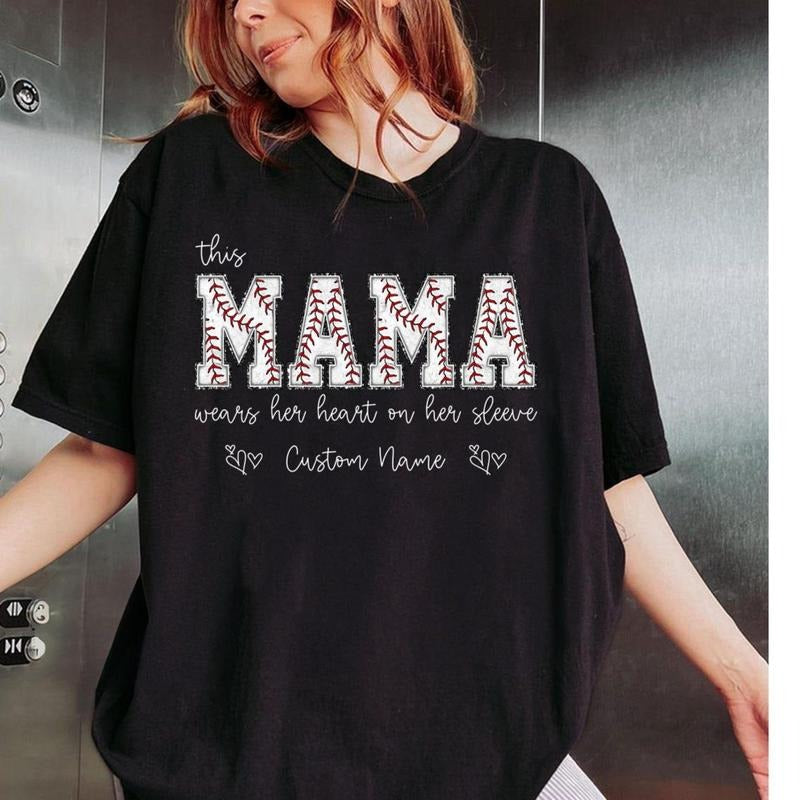 Baseball Mama T-shirt with Kids Name on Sleeve, Baseball Top for Mom, Baseball Season Hoodie, Sports Mom Tee, Baseball...