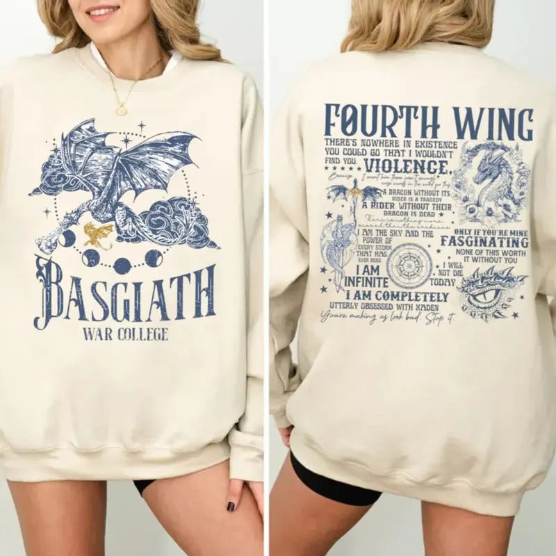 Basgiath War College 2 Sided Shirt, Fourth Wing Sweatshirt, Dragon Rider Tshirt, Violet Sorrengail, Xaden Riorson,...