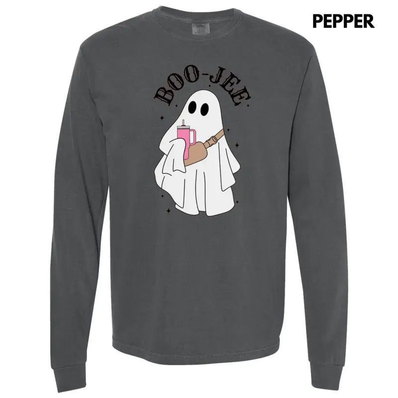 Basic BOO-JEE Ghost Long Sleeve Comfort Colors T-Shirt Hoodie, Sweatshirt | RetroVerseTees.com