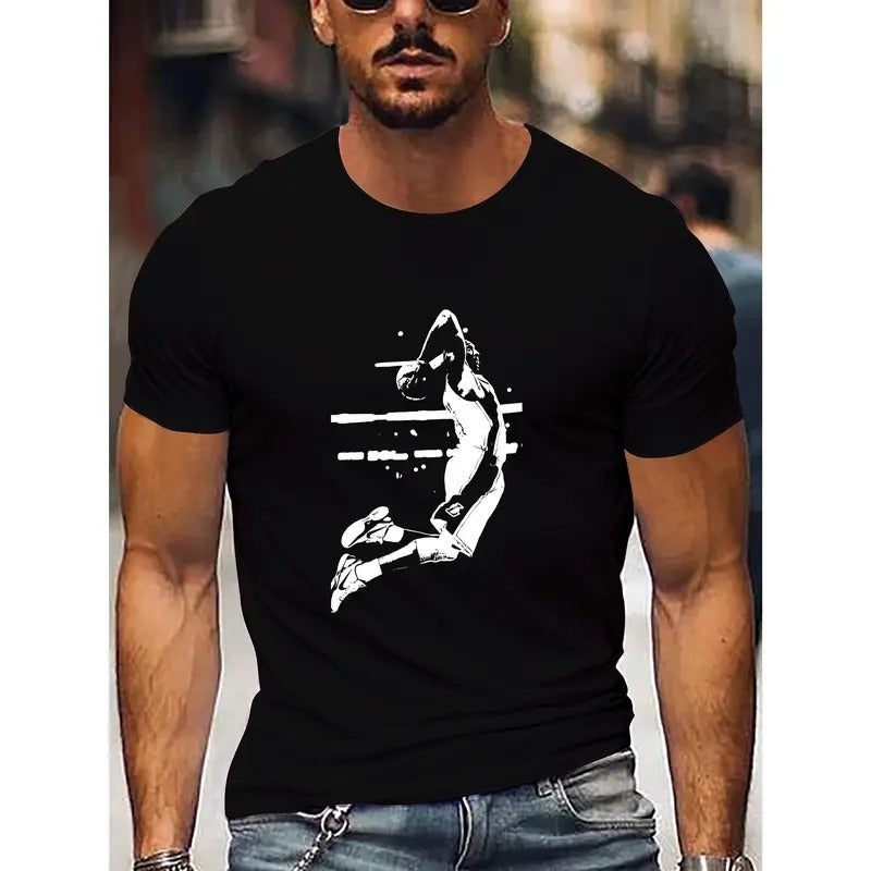 Basketball Player Print Men's Short Sleeve T-Shirts, Comfy Casual Elastic Crew Neck Tops For Men's Outdoor Activities...