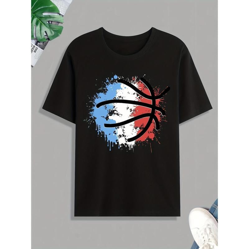Basketball Print Tee Shirt, Tee For Men, Casual Short Sleeve T-shirt For Summer Spring Fall, Tops As Gifts Made in USA...