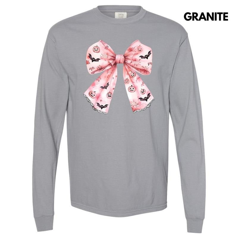 Bat & Pumpkin Pink Bow Long Sleeve Comfort Colors T-Shirt 'NLB' Hoodie, Sweatshirt | RetroVerseTees.com