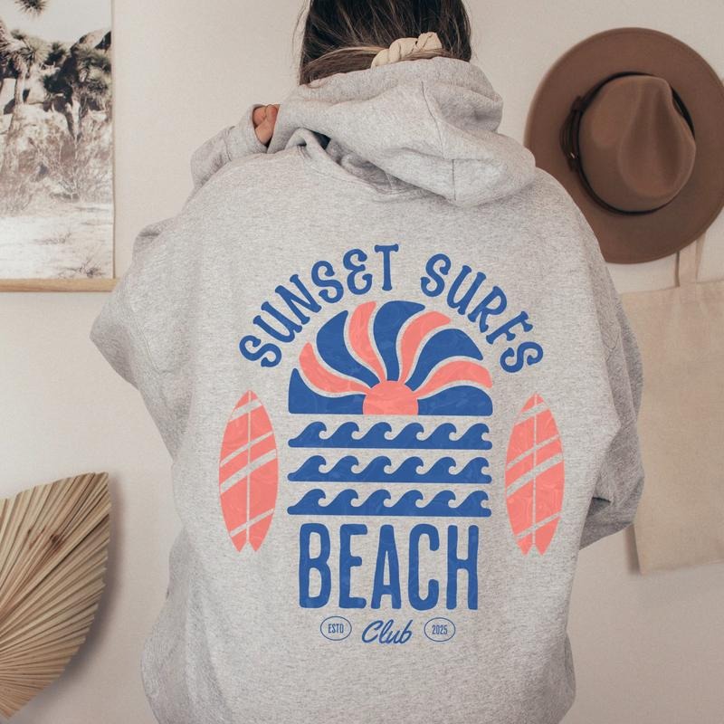 Beach Surf Club Women's Letter Print Drop Shoulder Drawstring Hoodie, 3 Color Options, Oversized Sweatshirt Graphic...
