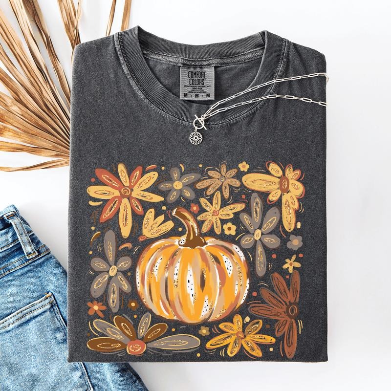 Beautiful Pumpkin Autumn Flowers, Fall, Floral, Watercolor, Comfort Colors T-Shirt Hoodie, Sweatshirt | RetroVerseTees.com