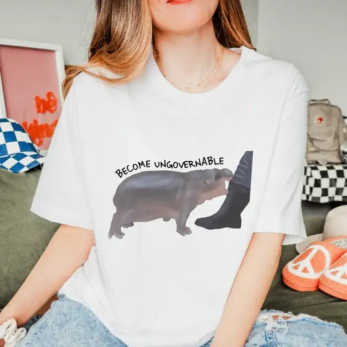 Become Ungovernable Hippo T-Shirt, Moo Deng Funny Shirt Hoodie, Sweatshirt | RetroVerseTees.com