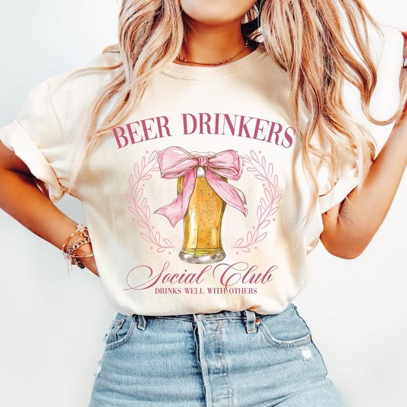 Beer Drinkers Social Club T shirt,beer coquette T shirt girly beer pink bow, Girls Club Bachelorette T shirt Trendy Shirt...