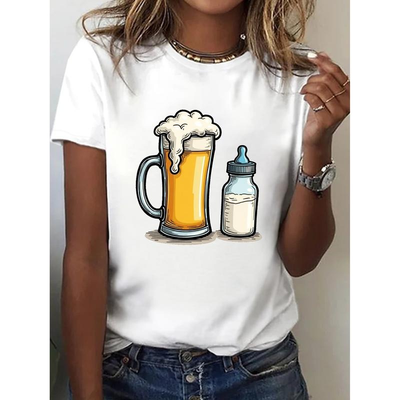 Beer Our first TNF WB shield Day TNF print t-shirt, short sleeve crew neck casual top for summer & spring, Women'WB...