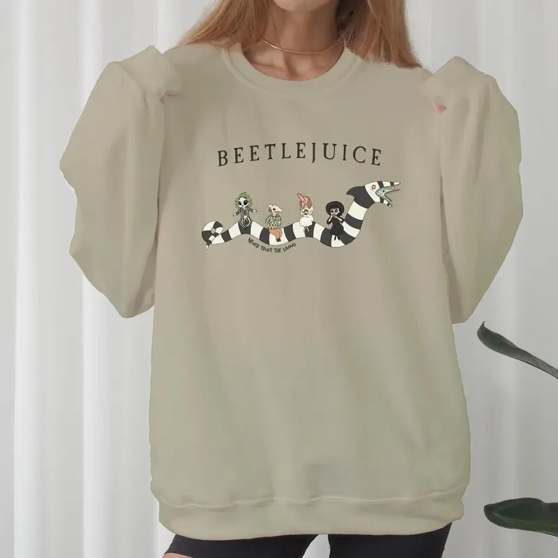 Beetlejuice Crewneck Sweatshirt, Never Trust the Living Shirt, Funny Halloween Horror Hoodie | RetroVerseTees.com