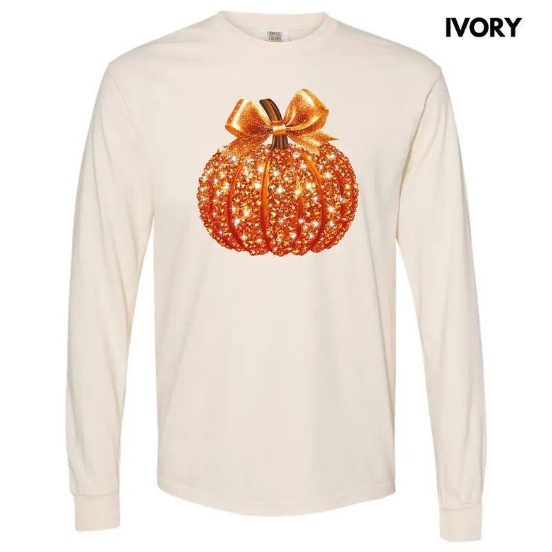 Bejeweled Orange Pumpkin Long Sleeve Comfort Colors T-Shirt 'NLB' Hoodie, Sweatshirt | RetroVerseTees.com