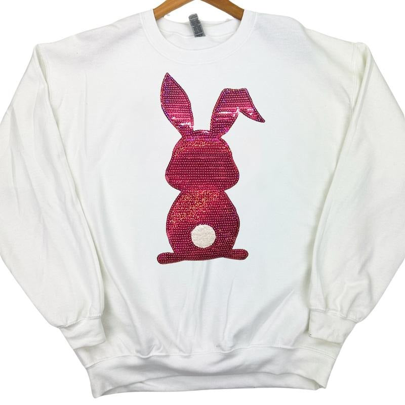 Berry Bunny Sequin Patch Sweatshirt -- WHITE T-Shirts, Hoodie | RetroVerseTees.com