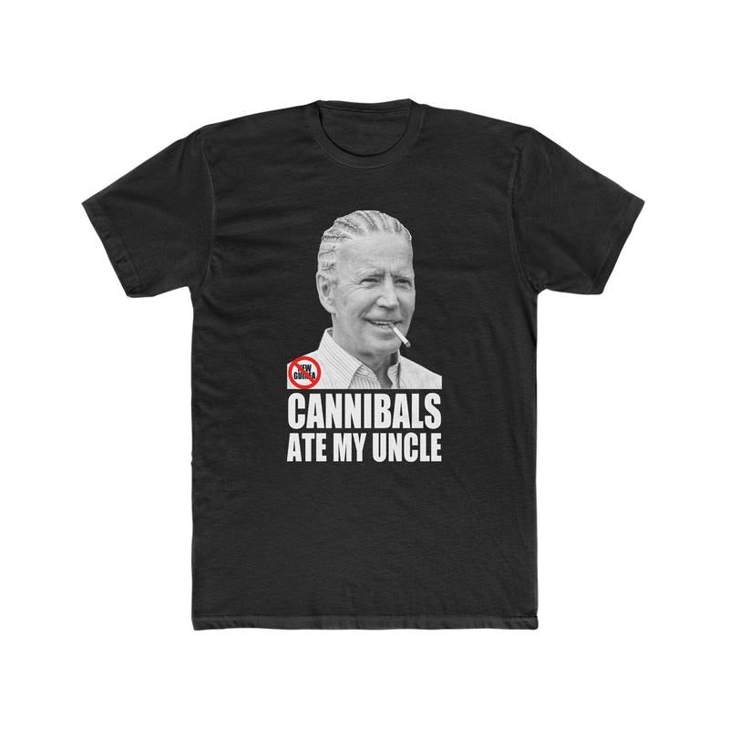 Biden's Tall Tale Tee: Cannibal Claim Comedic Parody Premium Cotton Crew Tee Hoodie, Sweatshirt | RetroVerseTees.com