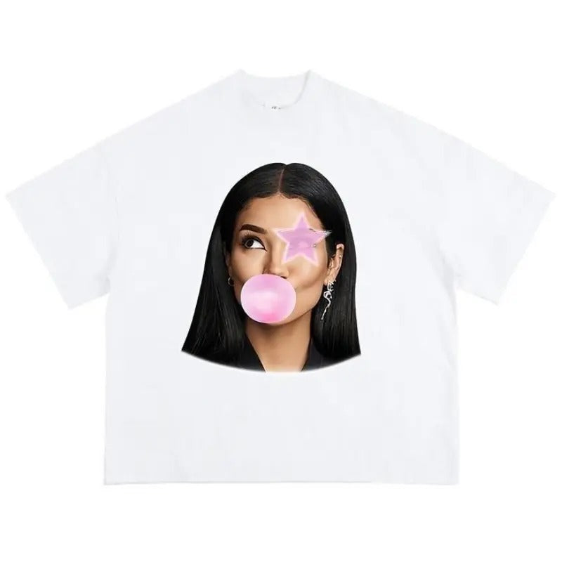 Big Face Jhenee Pink Star Bubble Gum Graphic T-shirt Cotton Fabric Top Womenswear Hoodie, Sweatshirt | RetroVerseTees.com