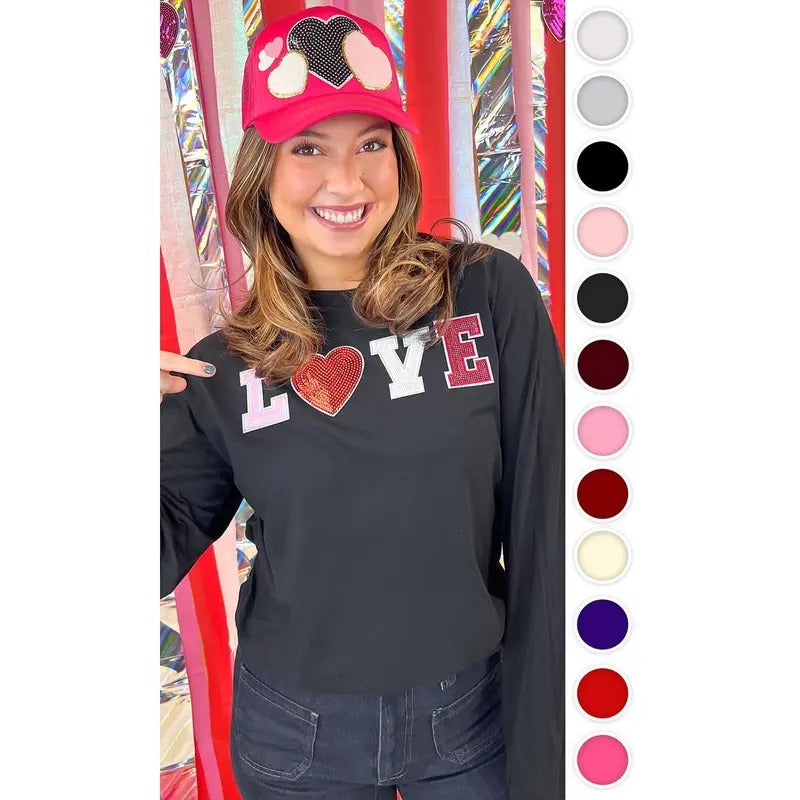 Big Heart Love Sequin Valentine Graphic Long Sleeve T-Shirt Hoodie, Sweatshirt | RetroVerseTees.com
