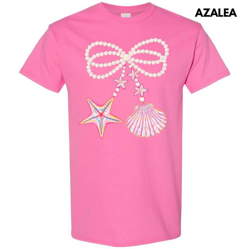 Big Seashell & Starfish Bow Gildan Short Sleeve T-Shirt 'NLB' Hoodie, Sweatshirt | RetroVerseTees.com