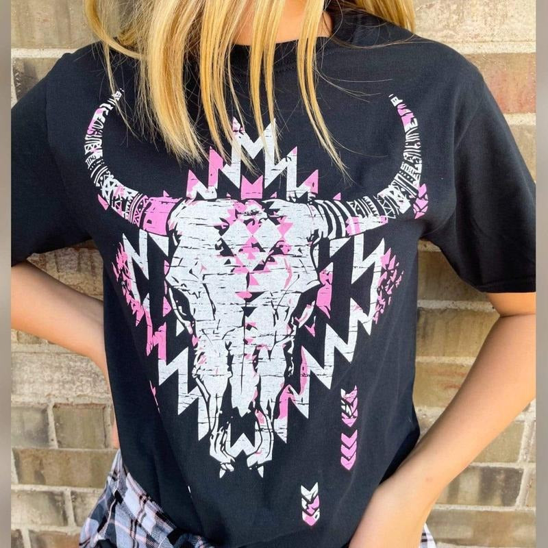 Black Aztec Bull Skull Graphic Tee Hoodie, Sweatshirt | RetroVerseTees.com