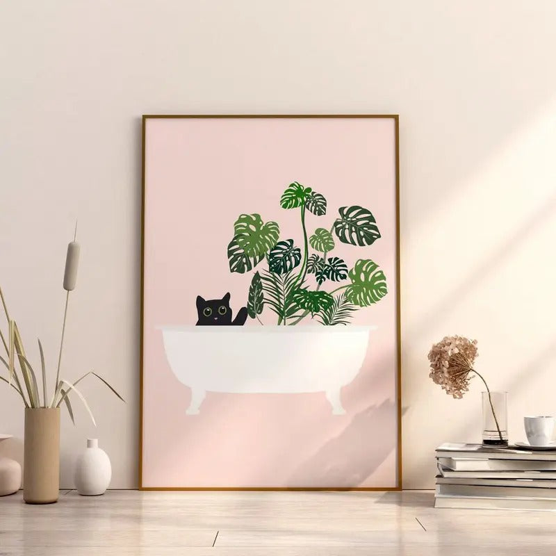 Black Cat Art Print: Botanical Sink Bathroom & House Plant Geo Tile Decor Poster - Engaging Cat Print for Cat Gunpla...